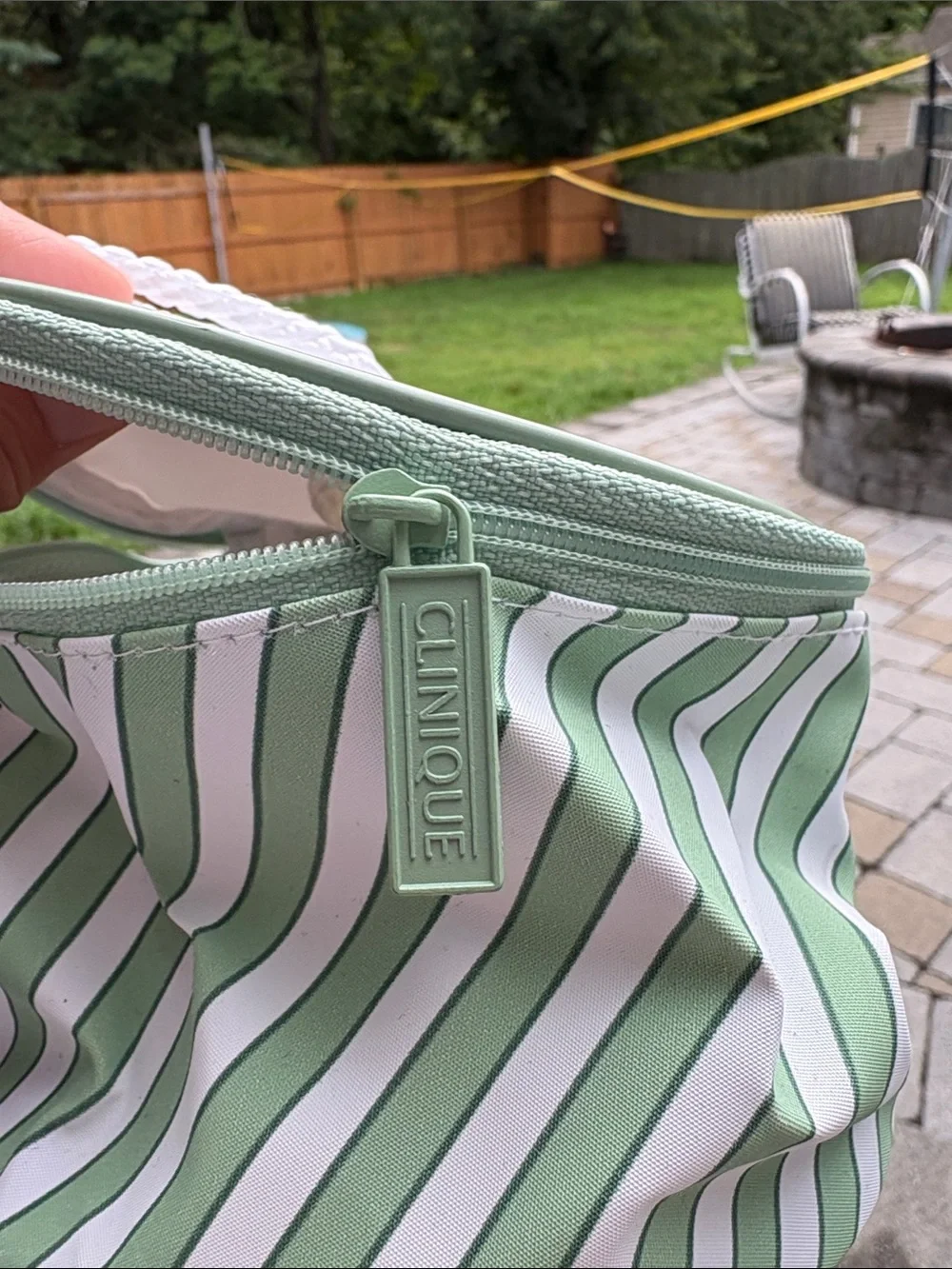 Clinique Green and White Striped Cosmetic Pouch with Branded Zipper